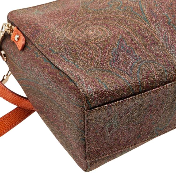 Pre Owned Etro Brown/Orange Paisley Coated Canvas and Lizard Embossed Leather Shoulder Bag