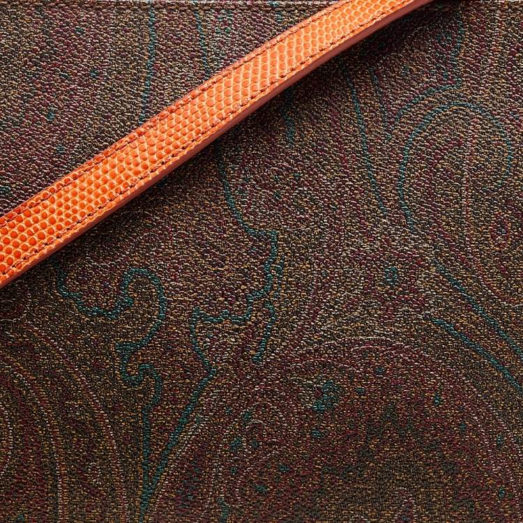 Pre Owned Etro Brown/Orange Paisley Coated Canvas and Lizard Embossed Leather Shoulder Bag