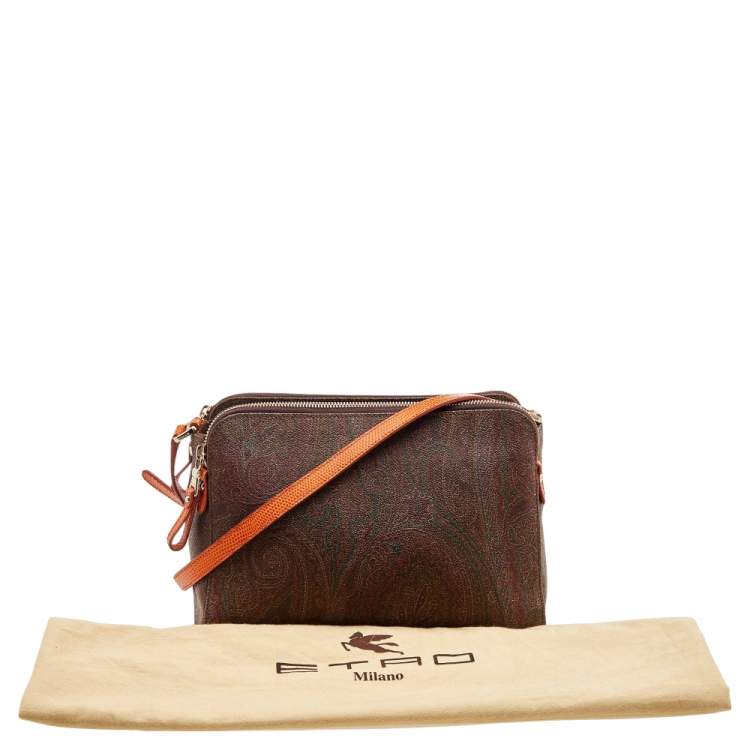 Pre Owned Etro Brown/Orange Paisley Coated Canvas and Lizard Embossed Leather Shoulder Bag