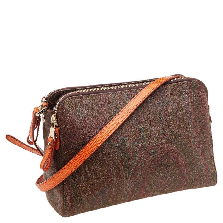 Pre Owned Etro Brown/Orange Paisley Coated Canvas and Lizard Embossed Leather Shoulder Bag