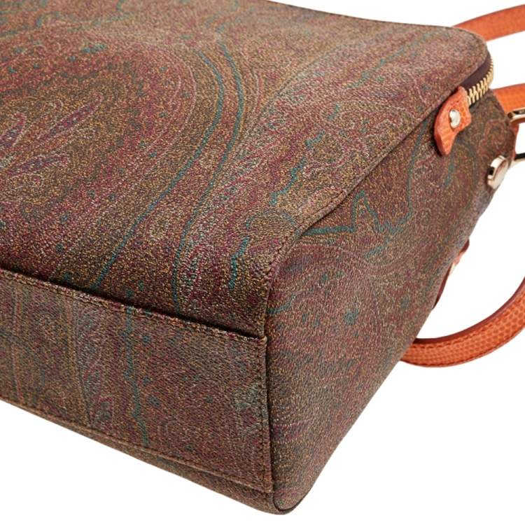 Pre Owned Etro Brown/Orange Paisley Coated Canvas and Lizard Embossed Leather Shoulder Bag