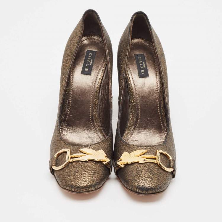Pre Owned Etro Gold/Black Textured Leather Pumps Size 40