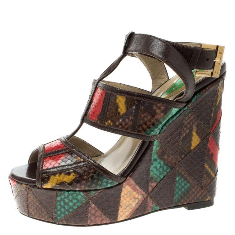 Pre Owned Etro Multicolor Embossed Python Leather Ankle Strap Wedge Sandals Size 36