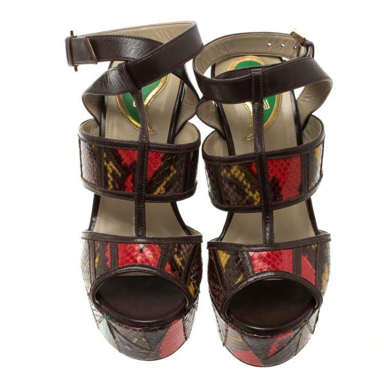 Pre Owned Etro Multicolor Embossed Python Leather Ankle Strap Wedge Sandals Size 36