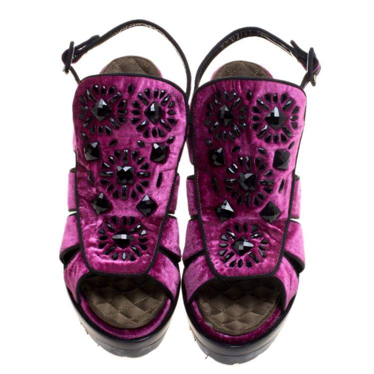 Pre Owned Etro Purple Velvet Embellished Platform Sandals Size 40