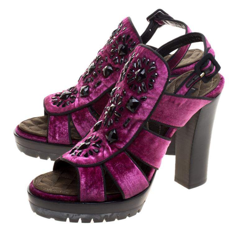 Pre Owned Etro Purple Velvet Embellished Platform Sandals Size 40