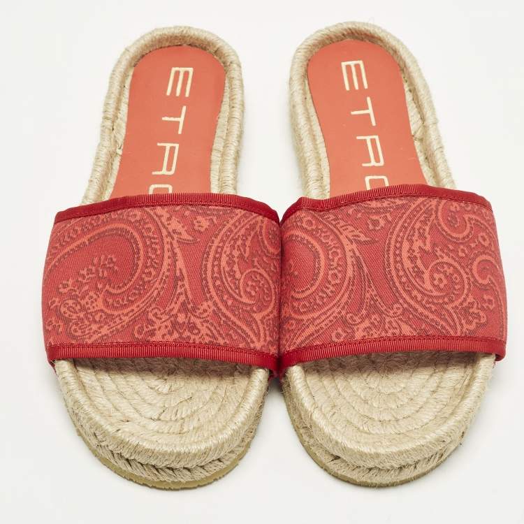 Pre Owned Etro Paisley Size 36 Red Canvas Espadrille Flats Slide