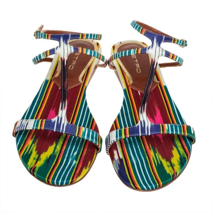 Pre Owned Etro Multicolor Satin Flat  T-Strap Flat Sandals Size 38