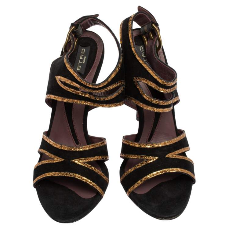 Pre Owned Etro Black/Gold Suede And Python Embossed Trim Ankle Strap Sandals Size 37.5