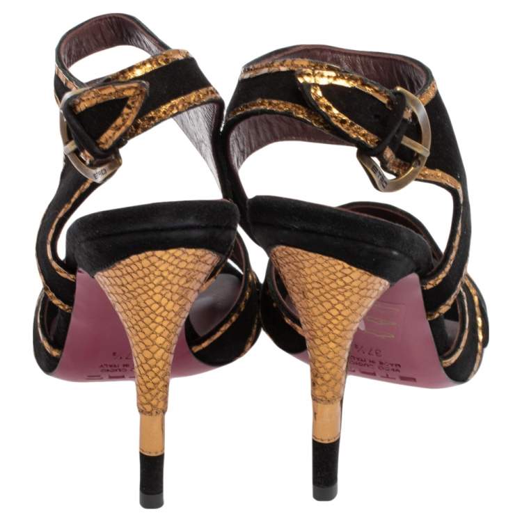 Pre Owned Etro Black/Gold Suede And Python Embossed Trim Ankle Strap Sandals Size 37.5