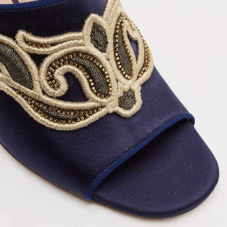Pre Owned Etro Navy Blue Satin Slide Sandals Size 40