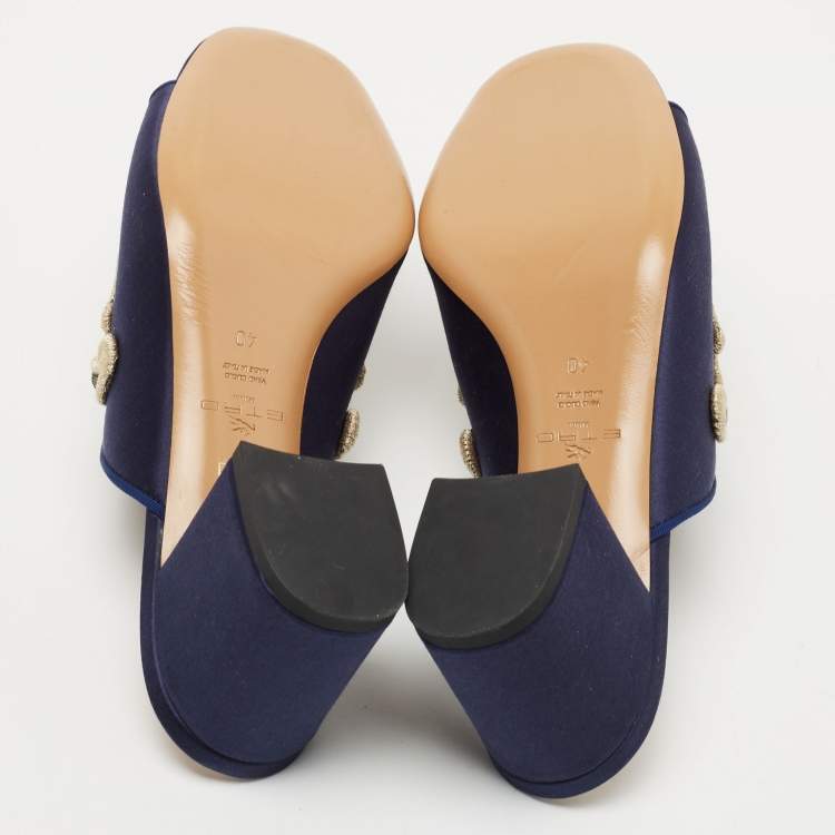 Pre Owned Etro Navy Blue Satin Slide Sandals Size 40