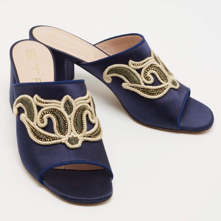 Pre Owned Etro Navy Blue Satin Slide Sandals Size 40