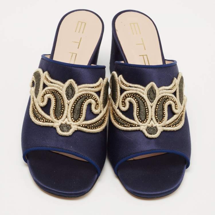 Pre Owned Etro Navy Blue Satin Slide Sandals Size 40