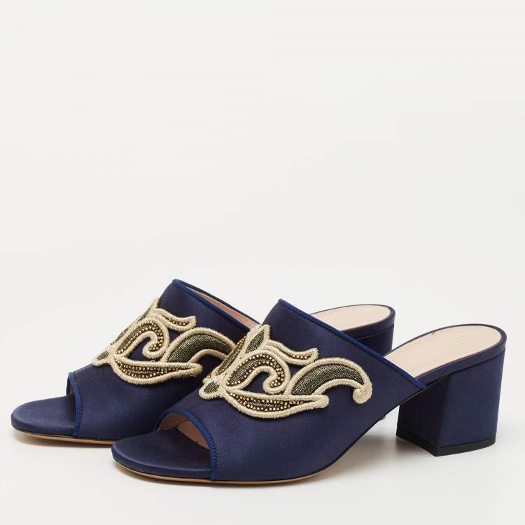 Pre Owned Etro Navy Blue Satin Slide Sandals Size 40