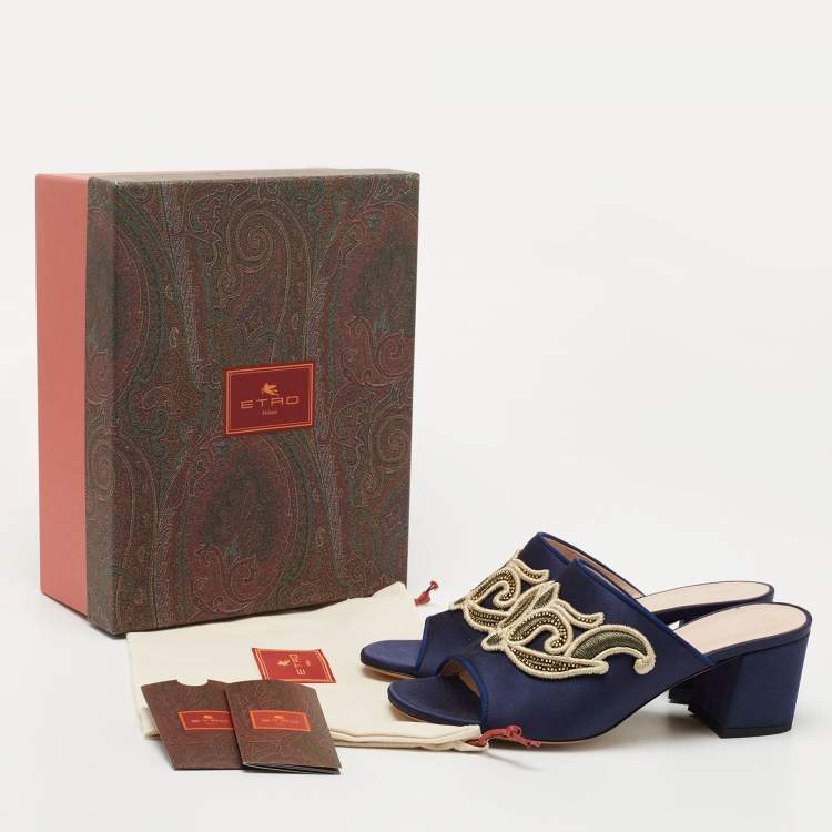 Pre Owned Etro Navy Blue Satin Slide Sandals Size 40