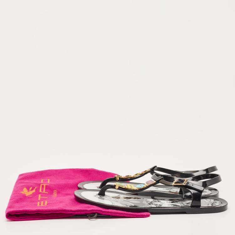 Pre Owned Etro Black Jelly Metal Logo Embellished Thong Flats Size 40