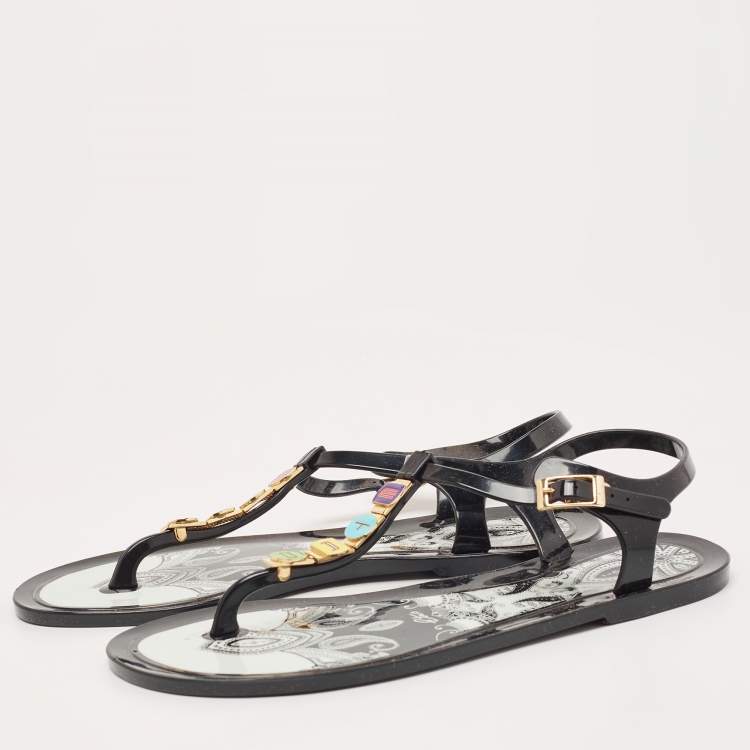 Pre Owned Etro Black Jelly Metal Logo Embellished Thong Flats Size 40