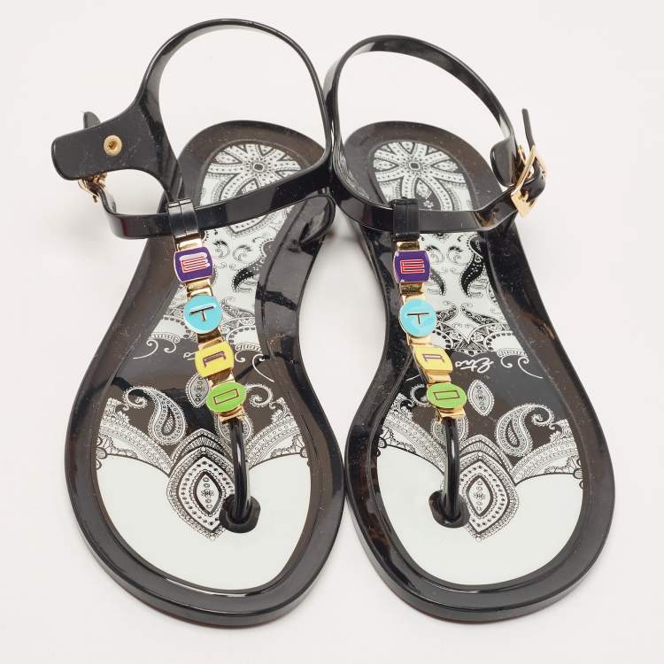 Pre Owned Etro Black Jelly Metal Logo Embellished Thong Flats Size 40