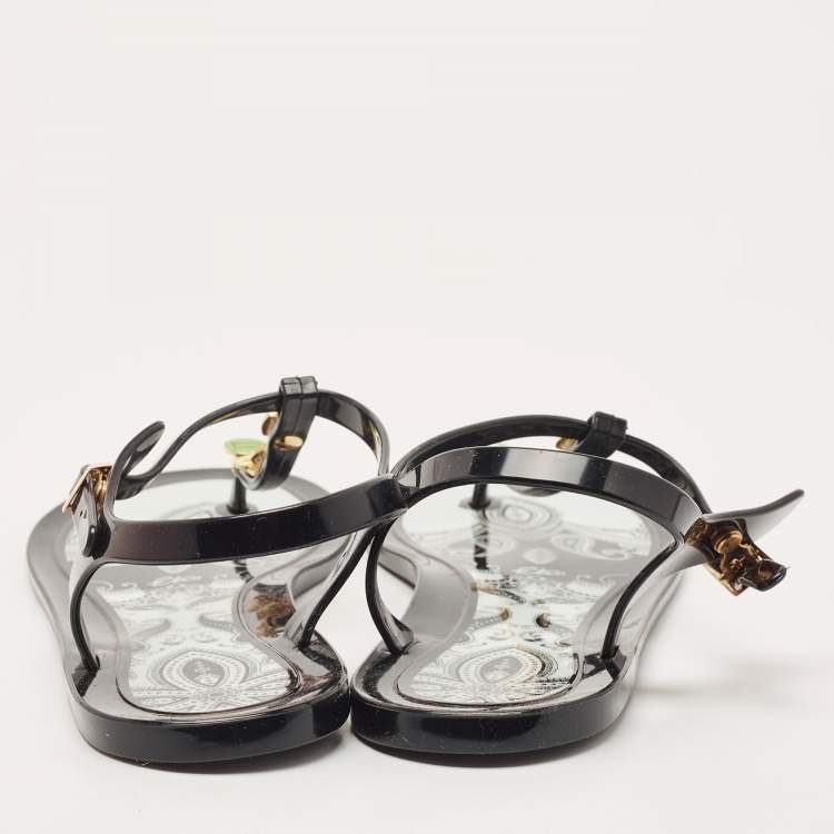 Pre Owned Etro Black Jelly Metal Logo Embellished Thong Flats Size 40