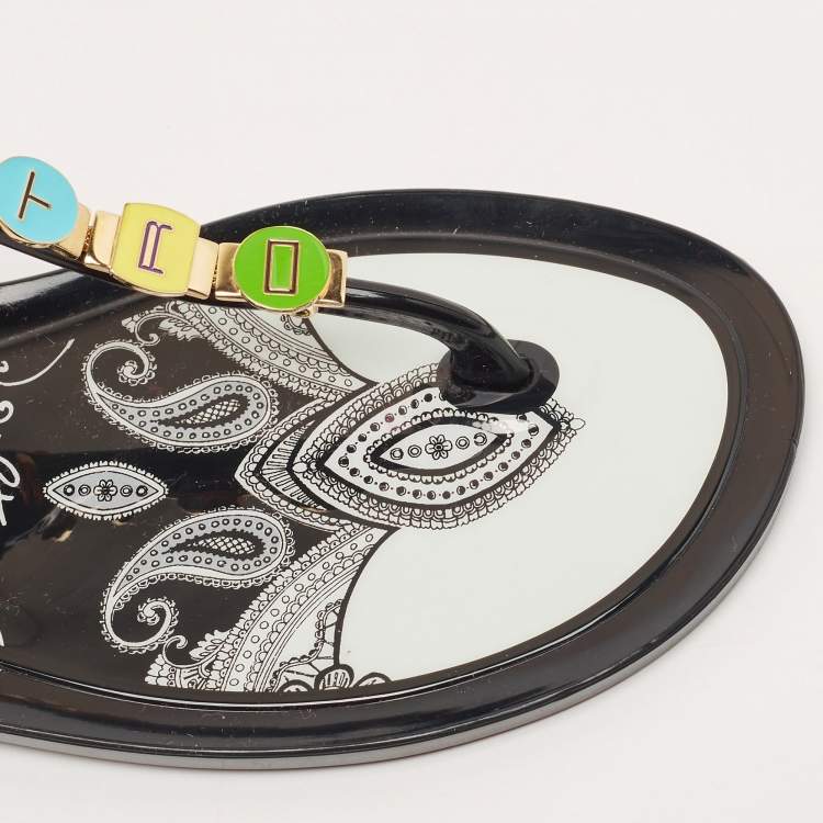 Pre Owned Etro Black Jelly Metal Logo Embellished Thong Flats Size 40