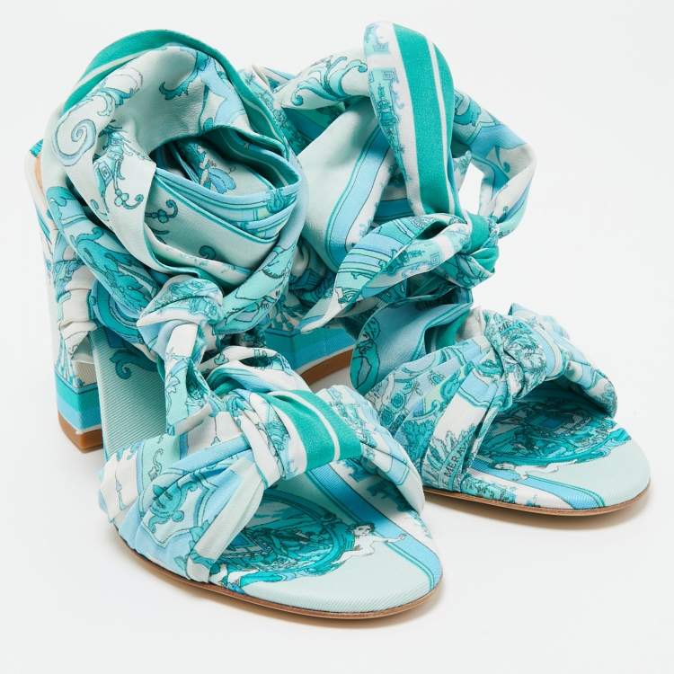 Pre Owned Etro Blue Ornamental Scarf Printed Fabric Block Heel Ankle Wrap Sandals Size 38