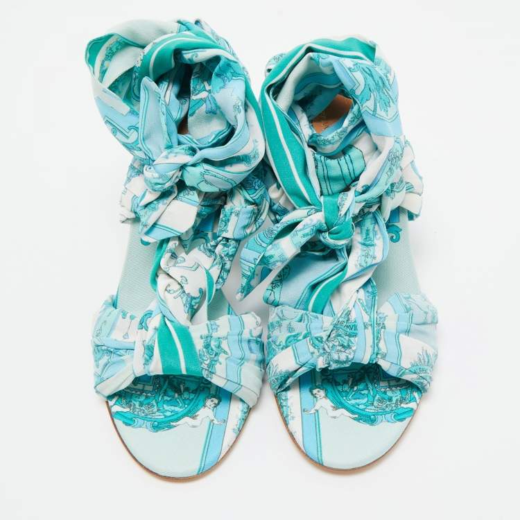 Pre Owned Etro Blue Ornamental Scarf Printed Fabric Block Heel Ankle Wrap Sandals Size 38