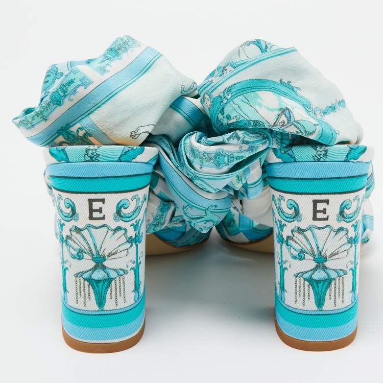 Pre Owned Etro Blue Ornamental Scarf Printed Fabric Block Heel Ankle Wrap Sandals Size 38