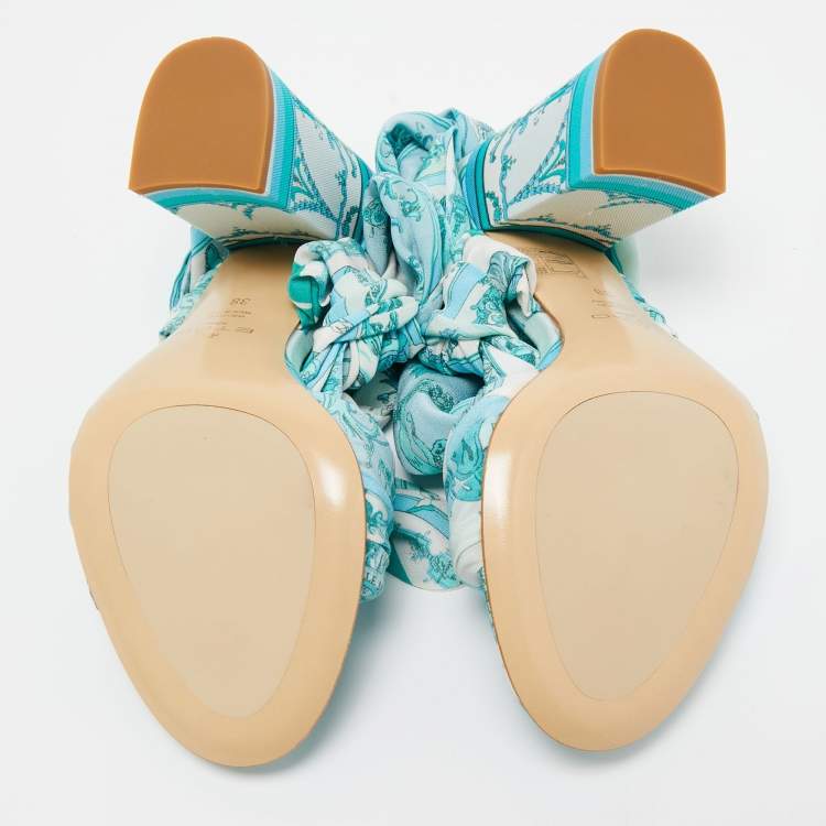 Pre Owned Etro Blue Ornamental Scarf Printed Fabric Block Heel Ankle Wrap Sandals Size 38