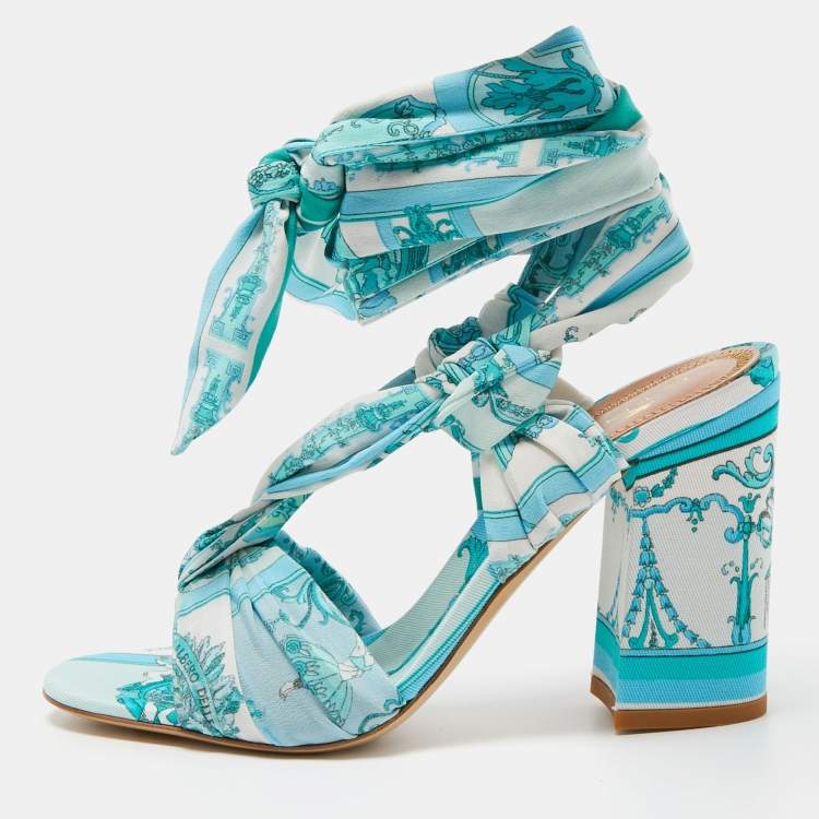 Etro Blue Ornamental Scarf Printed Fabric Block Heel Ankle Wrap Sandals  Size 38 Etro | The Luxury Closet