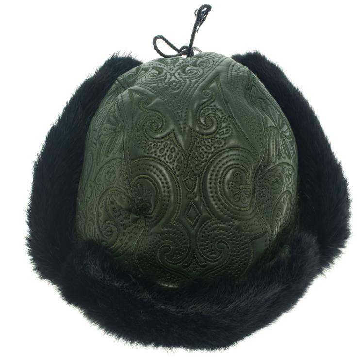 Pre Owned Etro Dark Green Leather and Rabbit Fur Aviator Hat M