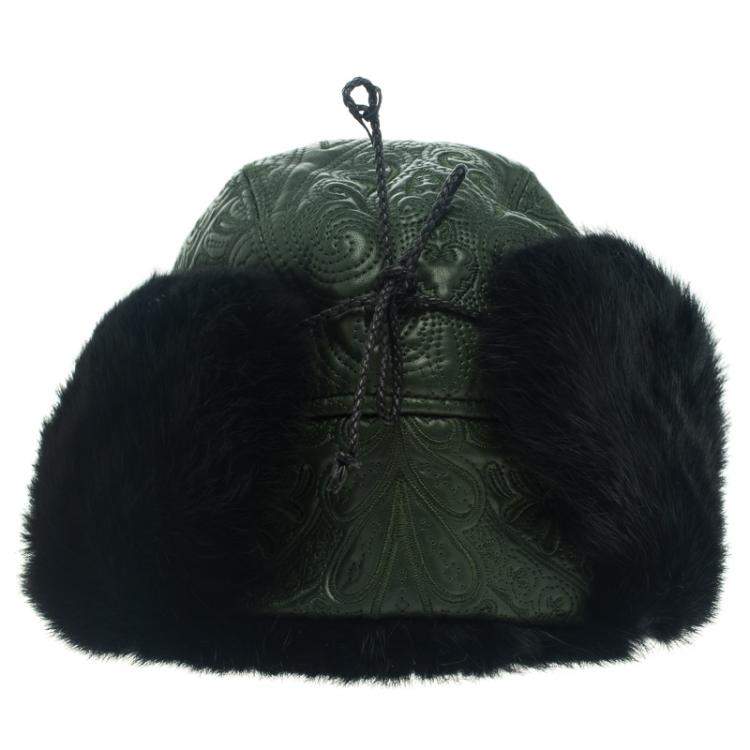 Pre Owned Etro Dark Green Leather and Rabbit Fur Aviator Hat M