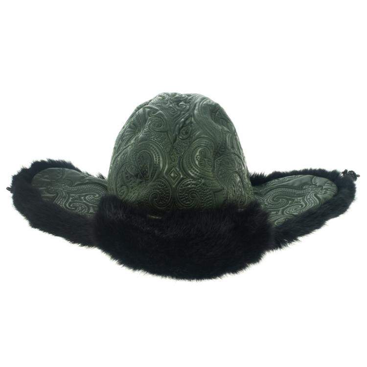 Pre Owned Etro Dark Green Leather and Rabbit Fur Aviator Hat M