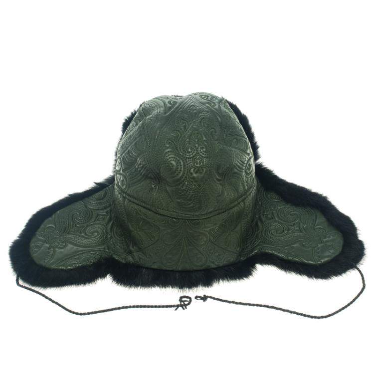 Pre Owned Etro Dark Green Leather and Rabbit Fur Aviator Hat M