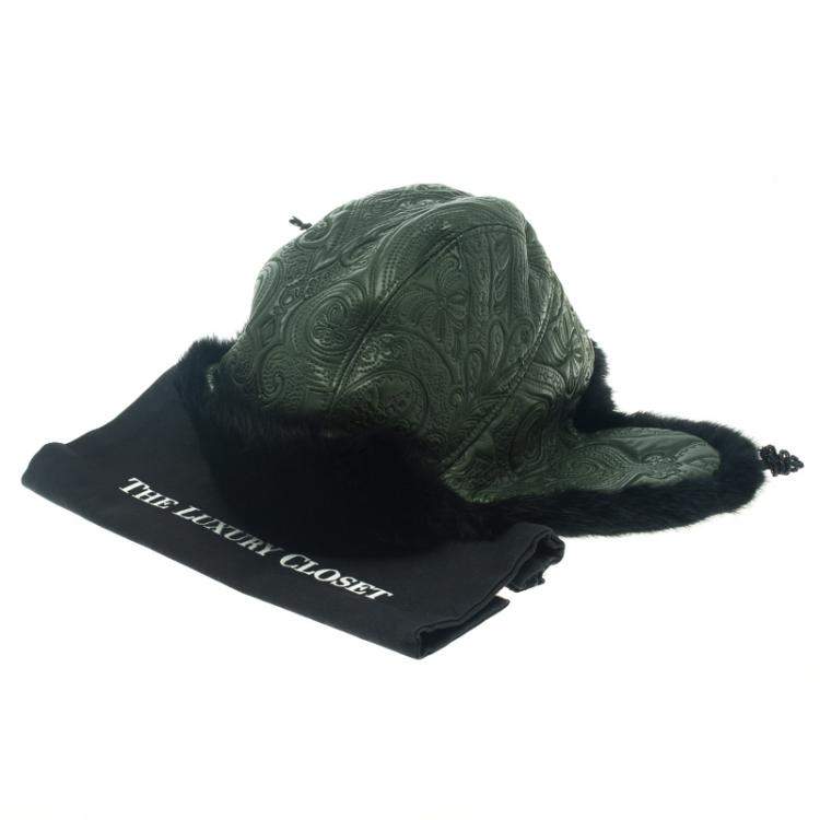 Pre Owned Etro Dark Green Leather and Rabbit Fur Aviator Hat M