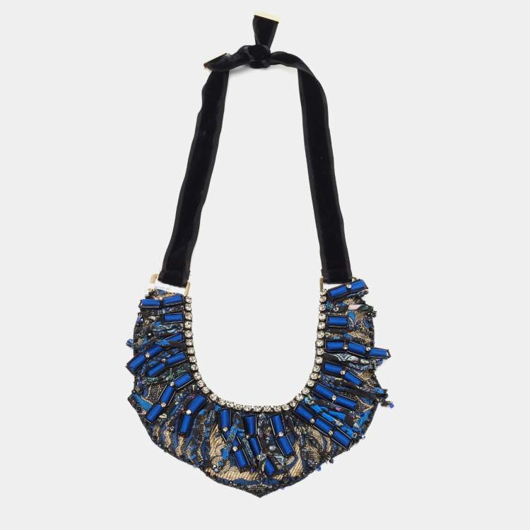 Pre Owned Etro Blue Silk Brocade Crystal Bead Statement Fabric Necklace