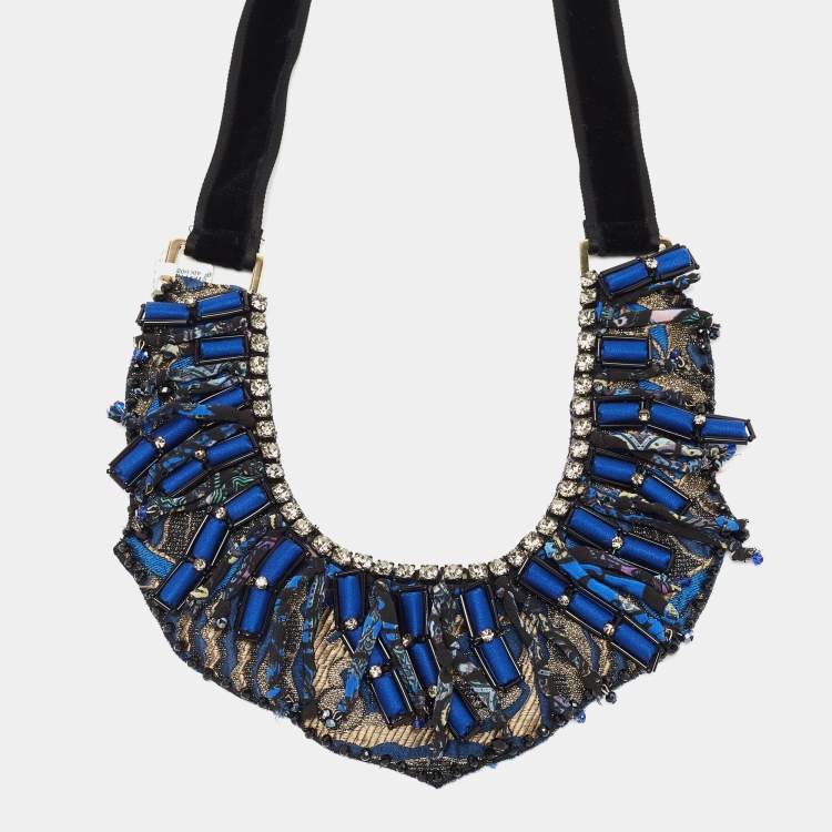 Pre Owned Etro Blue Silk Brocade Crystal Bead Statement Fabric Necklace