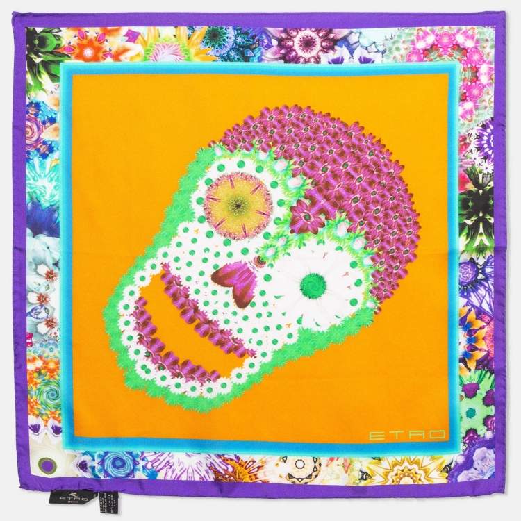 Pre Owned Etro Orange Printed Silk Square Scarf 