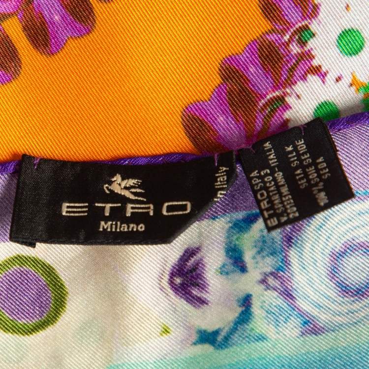 Pre Owned Etro Orange Printed Silk Square Scarf 