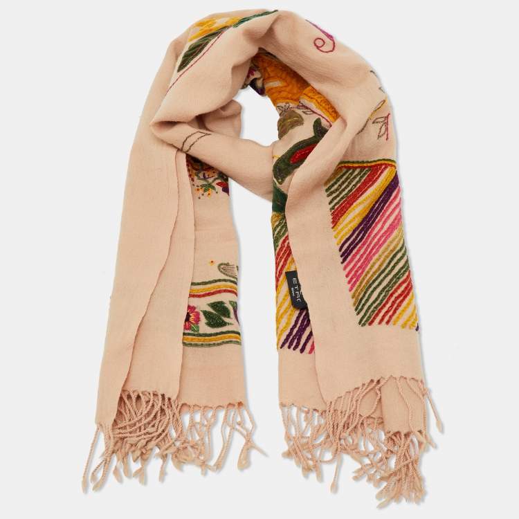 Pre Owned Etro Beige Paisley Appliqued & Embroidered Wool Scarf