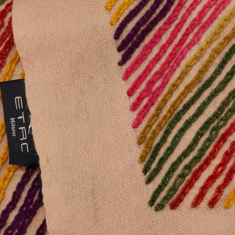 Pre Owned Etro Beige Paisley Appliqued & Embroidered Wool Scarf