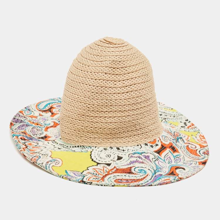 Pre Owned Etro Beige/Purple Printed Cotton and Raffia Hat