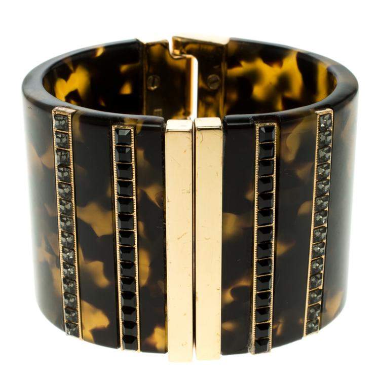 Pre Owned Etro Brown Plexiglas Gold Tone Wide Cuff Bracelet 17cm