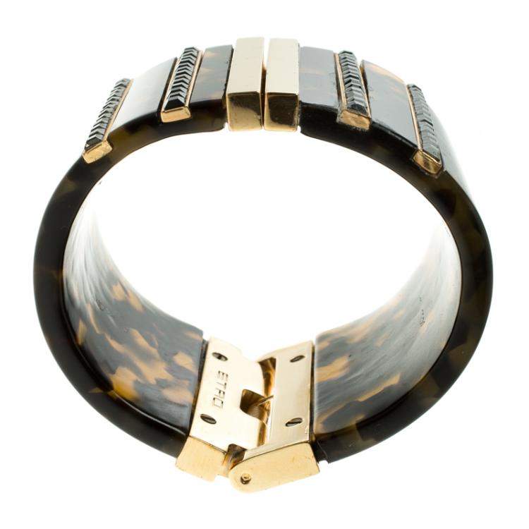 Pre Owned Etro Brown Plexiglas Gold Tone Wide Cuff Bracelet 17cm