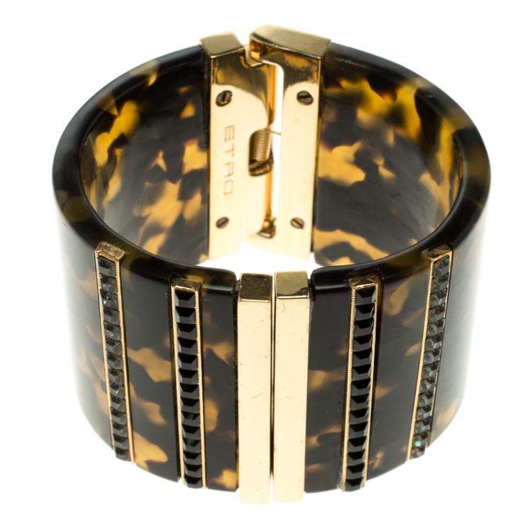 Pre Owned Etro Brown Plexiglas Gold Tone Wide Cuff Bracelet 17cm