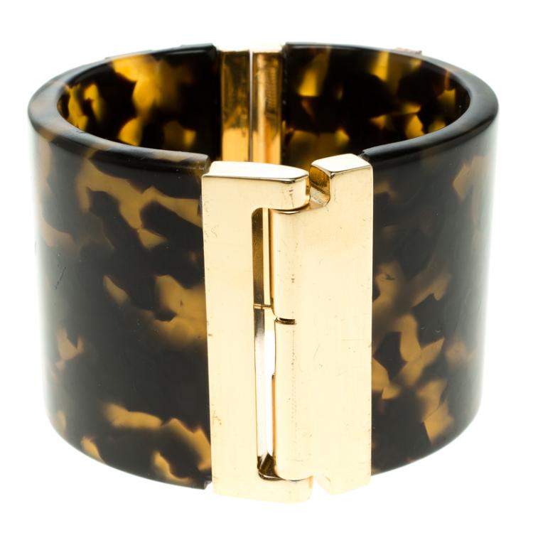 Pre Owned Etro Brown Plexiglas Gold Tone Wide Cuff Bracelet 17cm