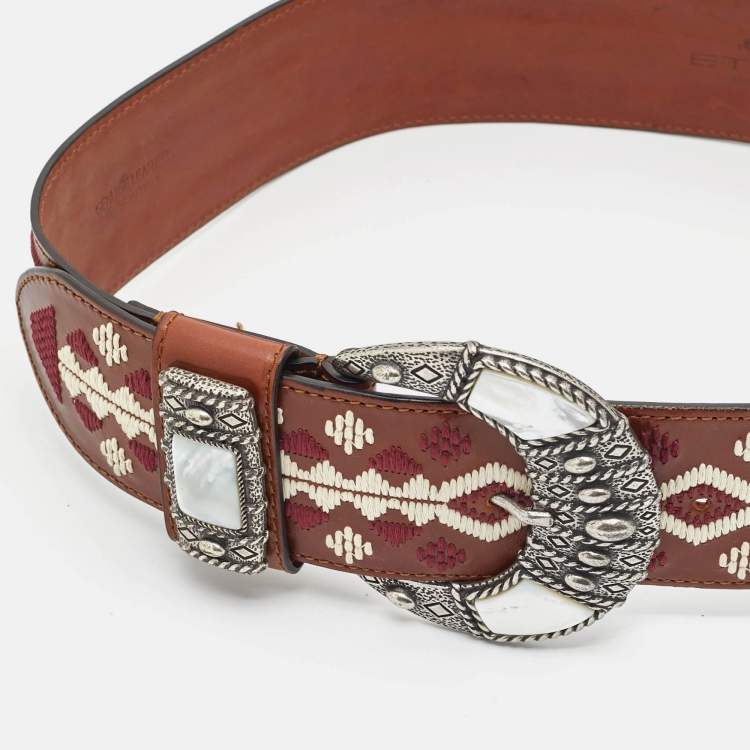 Pre Owned Etro Brown Embroidered Leather Mother of Pearl Buckle Waist Belt M
