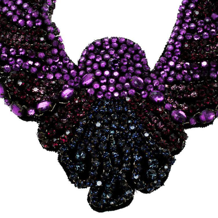 Pre Owned Etro Crystal Studded Bib Black Fabric Necklace