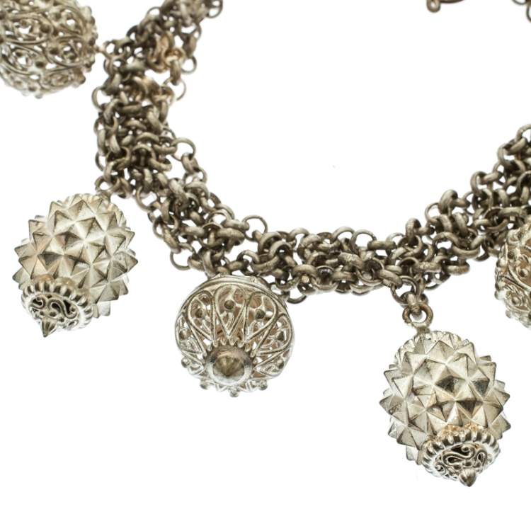 Pre Owned Etro Textured Charm Silver Tone Chain Link Bracelet