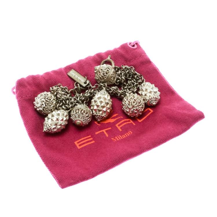 Pre Owned Etro Textured Charm Silver Tone Chain Link Bracelet